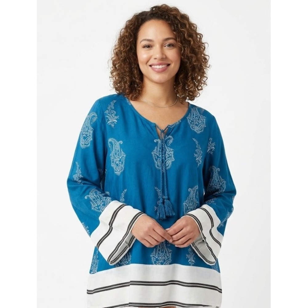 Sundance Blue White Paisley Tie Front Soft Rayon Boho Festival Blouse Medium
